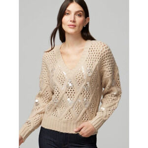 WHBM Sequin Cable Knit Sweater Beige Chunky Embellished Cozy Glam XS Holiday